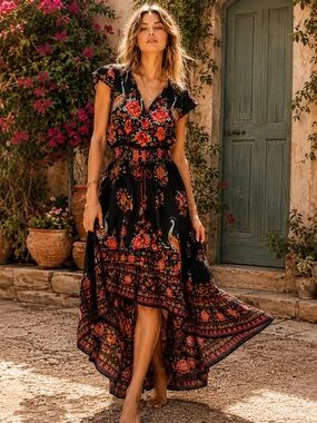 Benny + Olive Boho Peacock Floral High Low Festival Anthropologie Style Dress